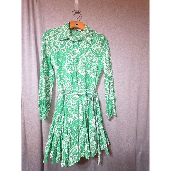 Zara Dresses & Skirts - Zara Green White Damask Paisley Print Mini Shirt Dress Braided Belt Womens Sz M